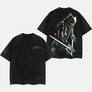 Star " Ahsoka Tano " Wars Double Printed Oversize Lightweight Acid Washed Tee TV Show Graphic Top Cotton Gift T-Shirt For Comic Lover, Gift T-Shirt For Movie Lover