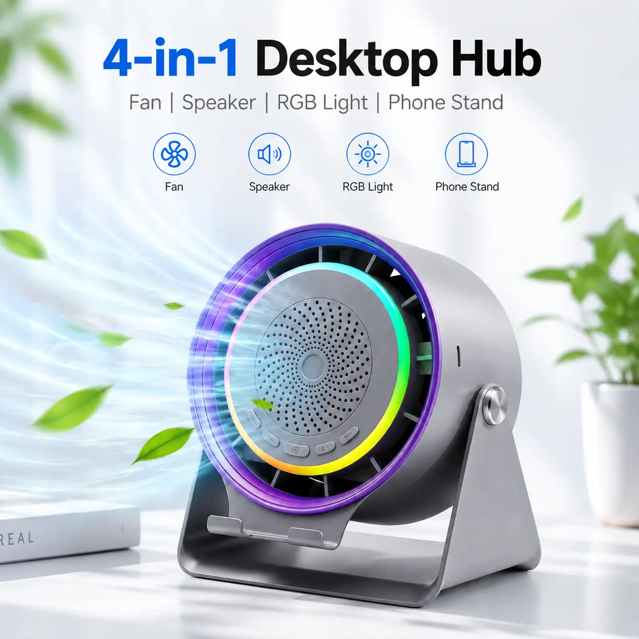 4 in 1 Desktop Fan Bluetooth Speaker with Phone Stand, 5000mAh Rechargeable Portable Fan RGB Ambient Stereo Speaker, 360° Adjustable Phone Mount for Home Outdoor Birthday Presents