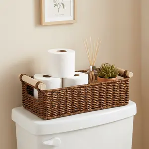 BROWNLILY Rattan toilet tank basket with wooden handles, rectangular wicker bathroom organizer tray for toilet paper, tissues, wipes and essentials, farmhouse toilet tank top storage caddy for small bathroom decor