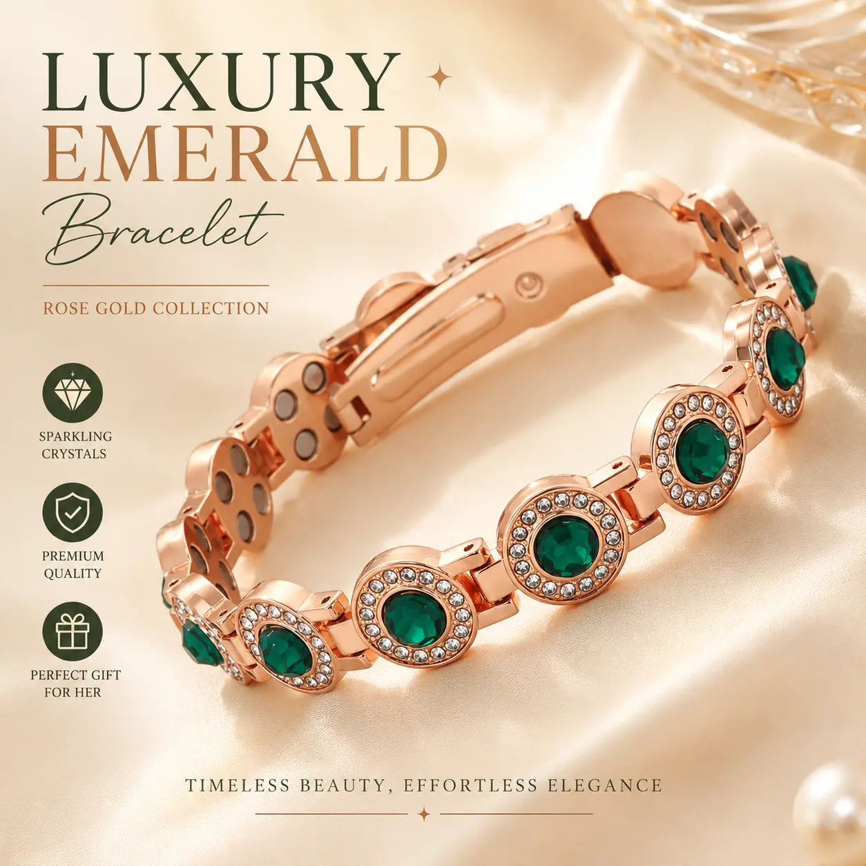 Vintage Emerald Crystal Bracelet for Women, Rose Gold Tennis Bracelet, Elegant Fashion Jewelry Gift