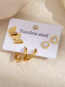 3 Pairs Butterfly & Heart Stud Earrings Set for Women, Minimalist Titanium Steel Hoops, Elegant Everyday Jewelry Gift Set
