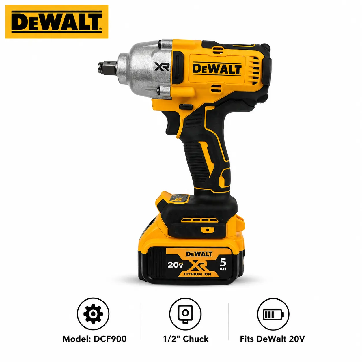 DEWALT DCF900 1/2 Inch Drive Impact Wrench For Mechanics, Contractors, Industrial Workers And DIY Users, Cordless Tool For Bolts, Nuts And Fasteners With Torque Control, Compact Design, Variable Speed Trigger And Quick Socket Change
