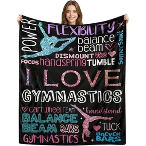 Gymnastics Throw Blanket for Girls, Soft Cozy Blanket with Glitter-Style Gymnastics Words & Silhouette, Pink Blue Gymnast Decor, Gifts for Gymnasts, 40"X50"