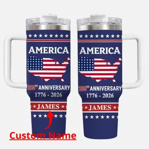 Custom Name America 250th Anniversary Tumbler 40oz, Personalized USA Patriotic Travel Mug, 1776 2026 American Flag Cup, Independence Day Gift, Custom Fourth Of July Coffee Tumbler With Handle No Straw Included Bottle Drinkware Water Bottles