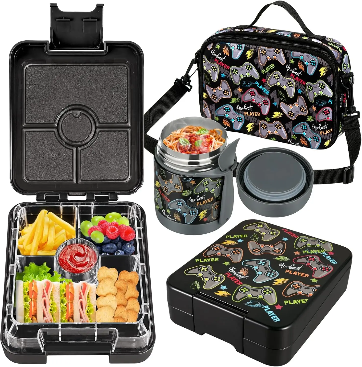 Bento Lunch Box Set for  with 10oz Soup Thermo, Leak-Proof Lunch Containers with 4 Compartment,  Thermo Hot  Jar and Insulated Lunch Bag for  to School,(Black- Console)