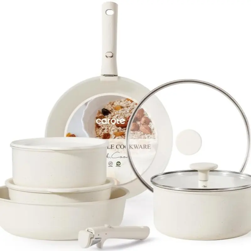 CAROTE Non-Stick Cookware Set with Detachable Handles - Space-Saving Pots and Pans for Easy Cleaning & Versatile Use - 11-Piece Set