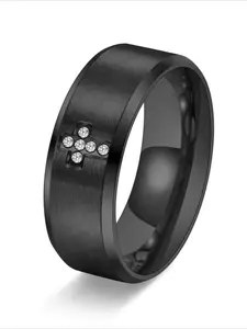 Design sense fashion trend fashion new 8MM wide brushed inlaid imitation diamond cross high sense ring men's simple stainless steel jewelry ring Statement Multi Ring