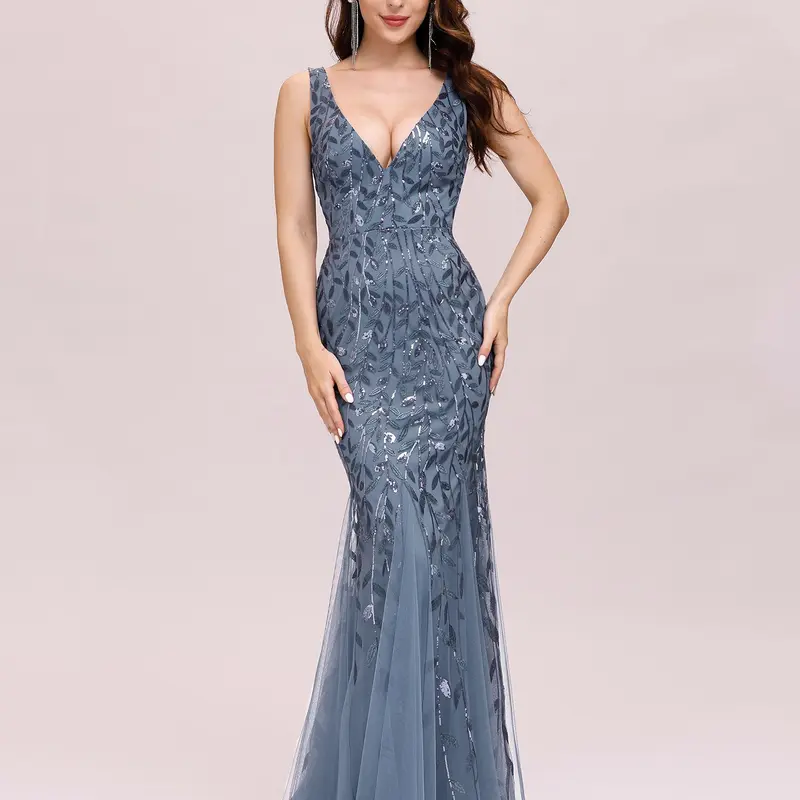 EVER PRETTY Women's Black & Gold Sparkly Sequin Polyamide Low-Cut Deep V Fishtail Tulle Formal Gown - Elegant Sleeveless Dress, Formal Wear, Dresses for Women, Shimmering Leaves Design, Hand Wash Only, for Prom, Bachelorette Party, Baby Shower