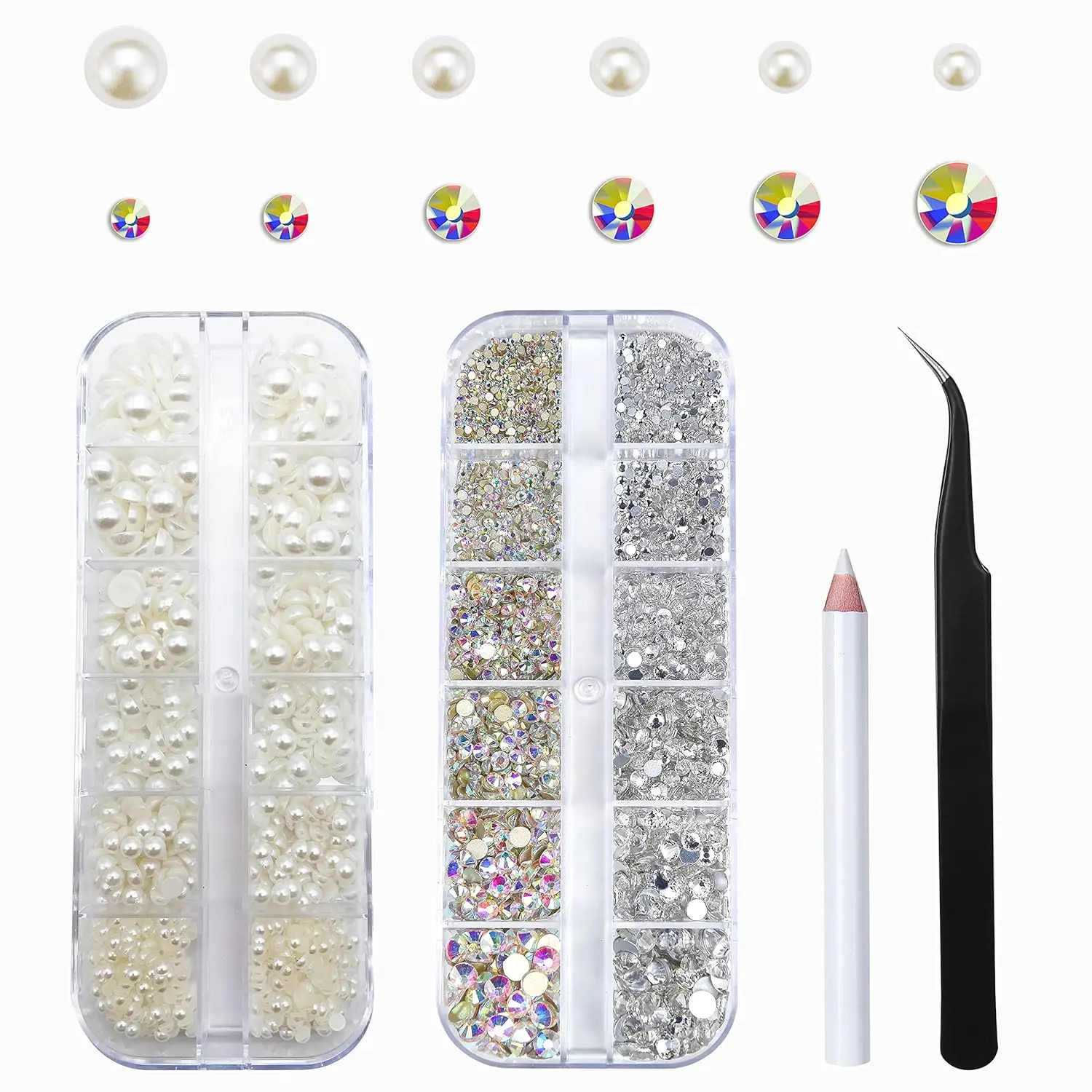 Sparkling 3D Nail Art Gems: Premium AB Crystal Rhinestones & Beige Flat Pearls - Multi-Faceted Glass Diamonds for Salon-Quality Manicures