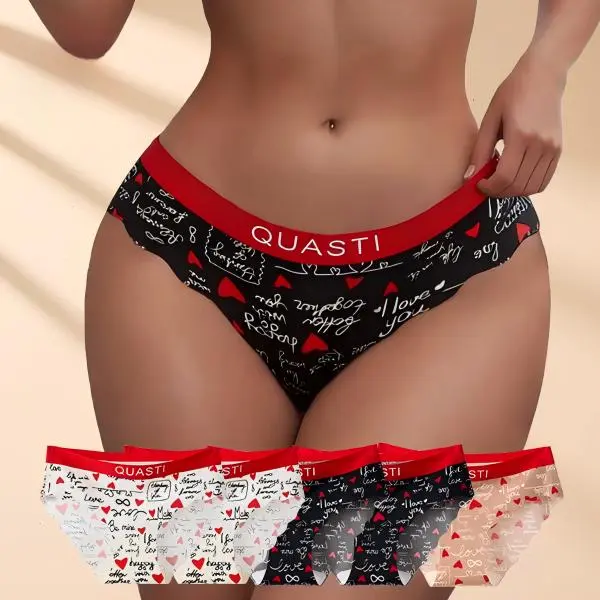 Women’s Underwear 5-Pack, Mid-Rise Heart & Script Hipster Panties with Red Contrast Waistband and Scalloped Edges, Comfortable for Everyday