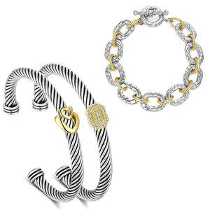 MYTYS Two-Tone Cable Link Bracelet for Women Vintage Design Chunky Bangle Mixed Texture Cuff Modern Fashion Accessories Gift