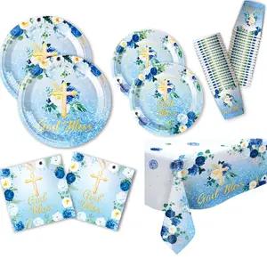 Blue Golden Flower God Bless Cross Party Tableware Set, Disposable Paper Plates, Cups, Napkins, Cutlery, Straws, Tablecloth for Holidays