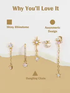 Star Moon Dangle Huggie Mini Hoop Earrings, Sterling Silver Color, Chain, Boho Style, Pack of 5, Trendy Jewelry for Women