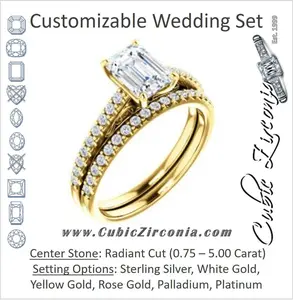 CZ Wedding Set, featuring The Kiana engagement ring (Customizable Radiant Cut Design with Decorative Cathedral Trellis and Thin Pavé Band)