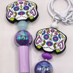 SUGAR SKULL PUPPY DOG Keychain Purse Charm Beaded Pen Set—cute, unique, and ready to gift!