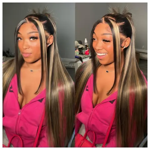 HANA HAIR Unisex 12A Grade Blonde Highlight Human Hair Frontal Wig - 13x4 Straight Lace Frontal, 21-23.5in, 200% Density, Pre-Plucked Transparent Lace, Heat Resistant, for Daily Wear & Weddings