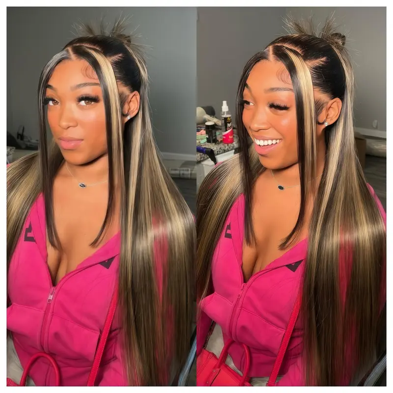 HANA HAIR Unisex 12A Grade Blonde Highlight Human Hair Frontal Wig - 13x4 Straight Lace Frontal, 21-23.5in, 200% Density, Pre-Plucked Transparent Lace, Heat Resistant, for Daily Wear & Weddings