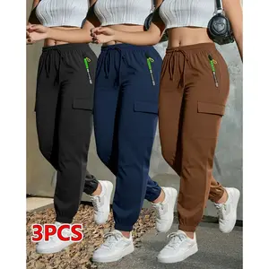 1 pack of 3 women’s summer cargo pants with zippered pockets, featuring a fashionable large pocket design and an elastic waistband; casual outdoor/daily slim-fit long pants