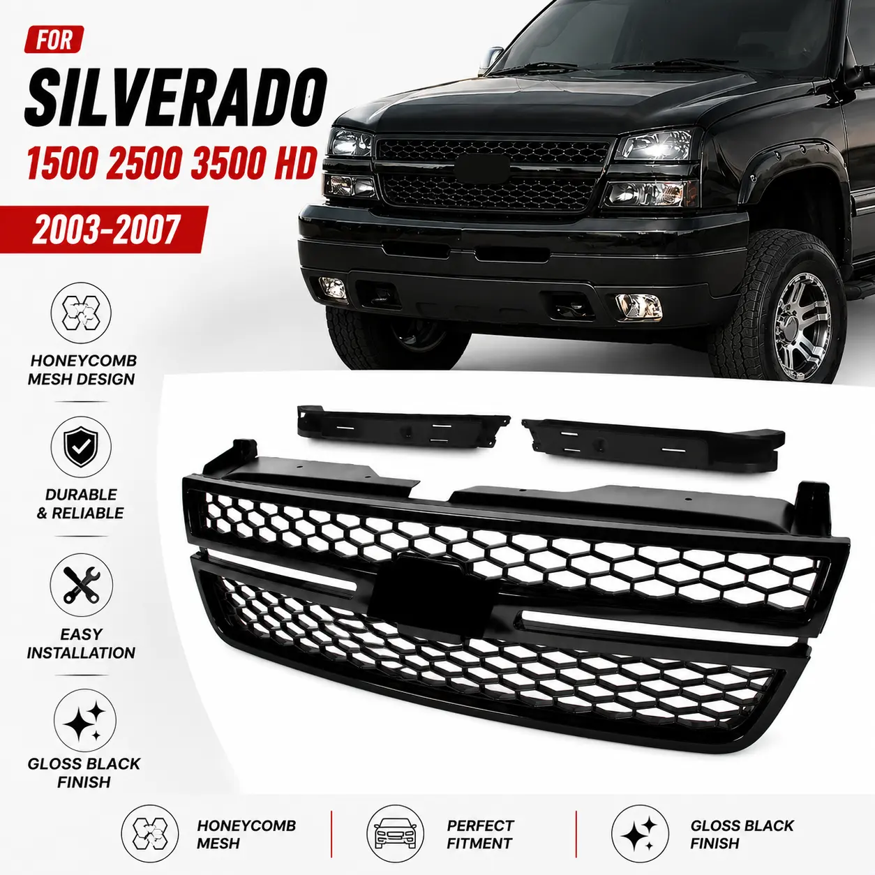 Gloss & Matte Black Honeycomb Mesh Racing Front Bumper Grille - Polycarbonate & ABS OE-Comparable Car Exterior Replacement for Chevrolet Silverado 1500,2500HD,3500 (2003-2007) - Racing Look, Improved Aesthetics