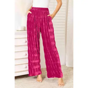 Double Take Full Size High Waist Tiered Shirring Velvet Wide Leg Pants Casual Womenswear Trouser Bottom Chic Comfortable Hip Day Pockets Spandex Ruched