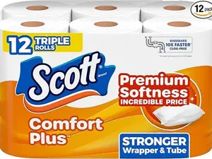 Scott ComfortPlus Toilet Paper, Durable Shipping Pack, 12 Triple Rolls, 231 Sheets per Roll – 1-Ply Ultra Soft Septic Safe Bathroom Tissue – Clog-Free, Fast Dissolving, Eco-Friendly Clean Wipes