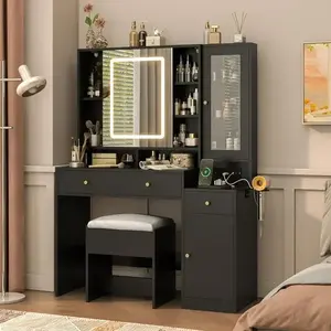 Mother's Day Gift Black Vanity Desk with Sliding Mirror & Lights Vanity Table Makeup Desk with Charging Station 2 Drawers 2 Doors Lots of Storage Shelves Large Vanity Set with Cushioned Stool Black White TikTok campaignMAGY