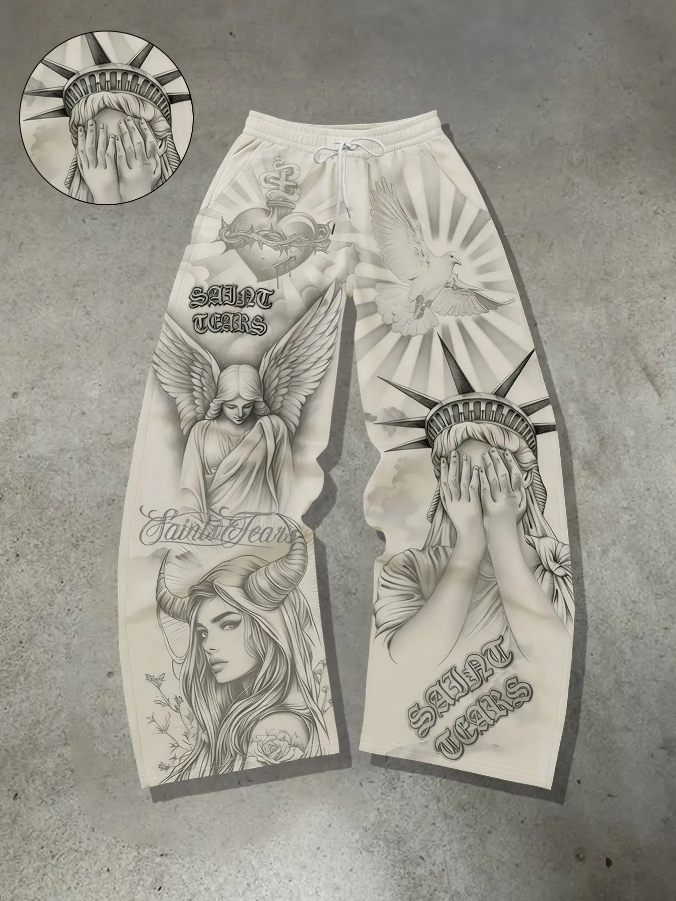 Men's Saint Tears Graphic Wide Leg Sweatpants, Y2K Dark Aesthetic Streetwear Pants, Gothic Angel Devil Sketch Print Casual Outfit, Oversized Summer Pants, Comfy Loose Fit, Street Style, Alt Fashion, Daily Wear, Casual #springsaledeals2026 #summeroutfits