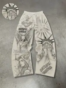 Men's Saint Tears Graphic Wide Leg Sweatpants, Y2K Dark Aesthetic Streetwear Pants, Gothic Angel Devil Sketch Print Casual Outfit, Oversized Summer Pants, For Street Style, Alt Fashion, Daily Wear, Casual #springsaledeals2026 #summeroutfits #tiktokshopmad