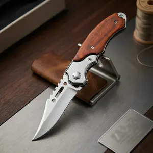 Folding EDC Pocket Knife 8.2"  5CR13MOV Blade, Wooden Handle with Pocket Clip, For Camping, Hiking, Survival, PIPCool Gift for Men & Women