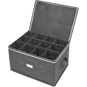 Stemware Storage Case, Wine Glass Storage Box for Glassware and Crystal, Holds 12 Red or White Wine Glasses with Hard Top and Sides, Grey