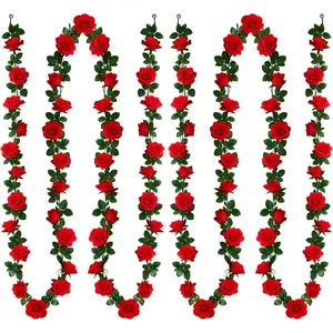 15.8 FT Red Roses Fake Flowers Garland, 2Pack 90 Roses Kentucky Artificial Flowers Vine for Derby Decorations, Derby Artificial Roses Plants for Derby Decor Flower Wall Backdrop Wedding Decorations