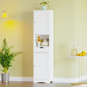 67" Tall Skinny Bathroom Storage Cabinet, Narrow Floor Organizer with Adjustable Shelves & Drawer for Small Spaces, White