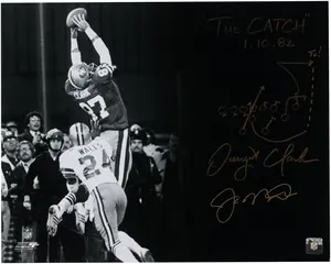 Joe Montana & Dwight Clark San Francisco 49ers Dual-Signed 16" x 20" Black & White The Catch Photograph with "The Catch 1.10.82" Inscription and Diagram of the Play - Fanatics Authentic Certified