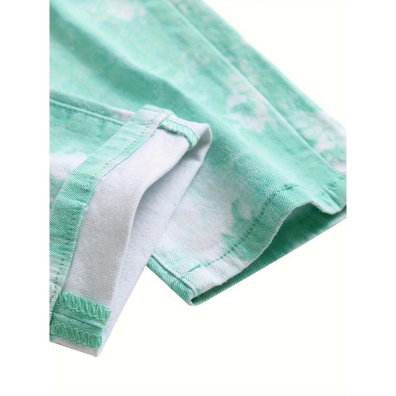 Men's Green Print Slim-fit Casual Jeans Stretch Menswear Spandex Pants Streetwear