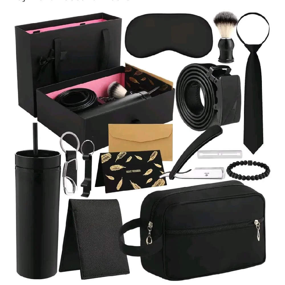12 Pcs  Gifts for Men Bday Valentines Gift Basket Tumbler Bottle Opener Keychain PU Leather Wallet Tie Belt Bag Bracelet Eye Mask for Him Valentines Day for Dad Boyfriend Husband Brother