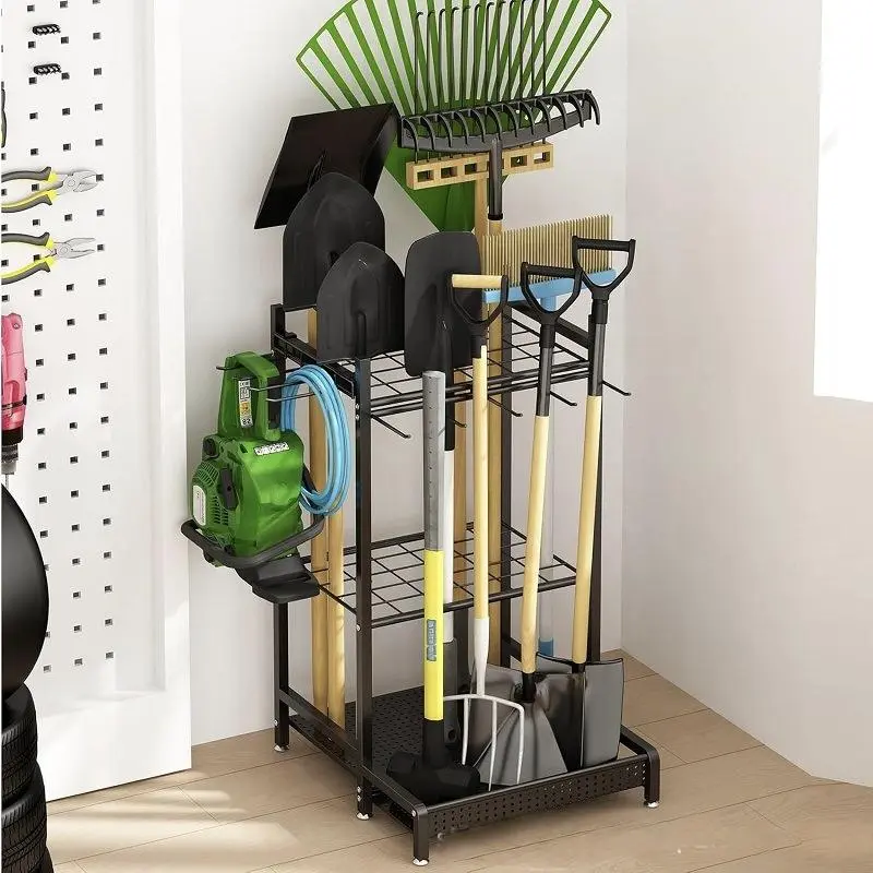 Garden Tool Organizer Rack -  Metal Storage Stand for Shovels Rakes Brooms, Garage Shed Yard Tool Holder with Hooks