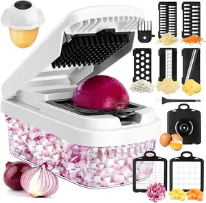Vegetable Chopper,15-in-1 Multifunctional Food Chopper,Professional Onion Chopper with 7 Blades,Vegetable Cutter with Container for Salad,Potato,Carrot,and Garlic; Essential Kitchen Tool (White)
