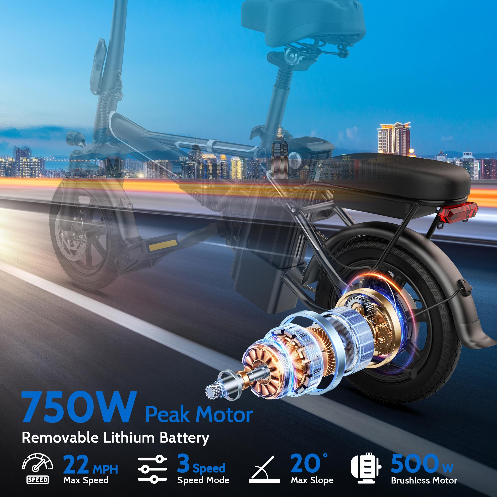 A 2026 New 14" Mini E-Bike 500W Peak 750W Motor, Lightweight Pure Aluminum Frame, 22MPH Max Speed, Up to 40 Miles Range, Great for Commute, Shopping and Relaxing Rides