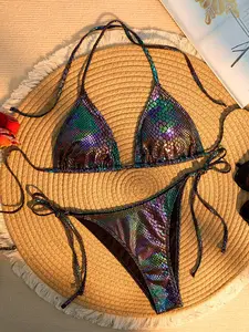Trendy Snake Skin Bikini Set, Laser Reflective Beachwear, Slimming Halter Neck Design, Women's Swimsuit Collection, Halter Bikinis Set