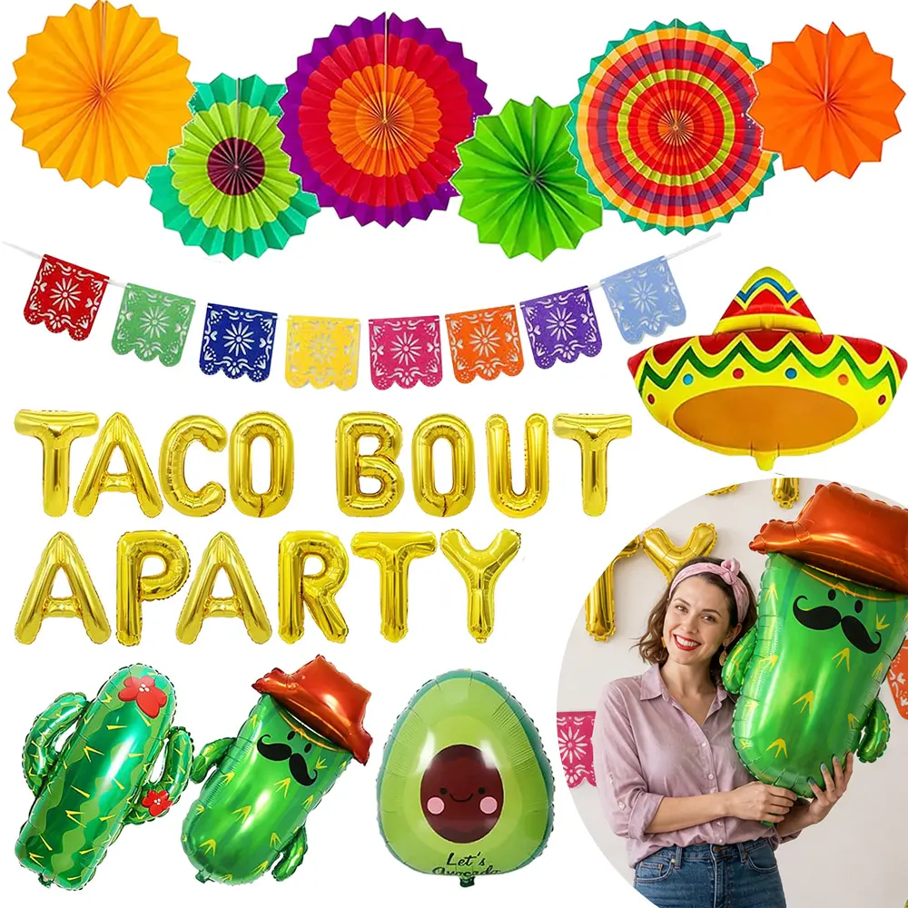 26pcs Thick Material Bright "Taco Bout a Party" Mexican Fiesta-Carnival Theme Party Decorations Kit - Paper Fans, Garland, Banner, Taco, Cactus, Avocado, Sombrero, Foil & Letter Balloons, Specialty Supplies Gifts