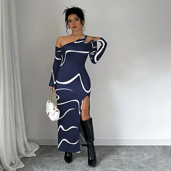 Women's Elegant Asymmetric Striped Print Bodycon Dress - Irregular Neck - Long Sleeve Off Shoulder Dress - Polyester Knit Fabric, Adults Four Seasons Irregular One Shoulder Maxi Dress