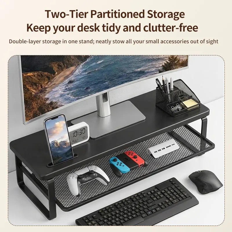 22 Inch Ergonomic Wooden Monitor Stand Riser, Desktop Storage Organizer with Phone Holder, Compatible with Laptop, PC, Printer & TV, Black