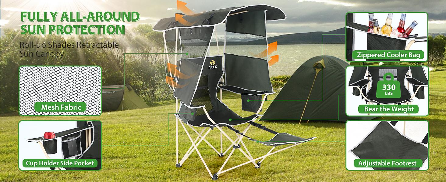 Camping Chair with Canopy, Chair with Shades, Sports Chairs, Folding Chair with Canopy, Detachable Shade Canopy, Side-Pocket and Cupholder