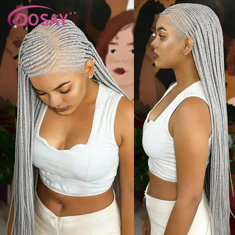 Synthetic Side Part Full Lace Wig Sliver Braided Wigs Gray Color Knotless Box Braids Wigs For Black Women Cosplay 36inchs Braiding Hair