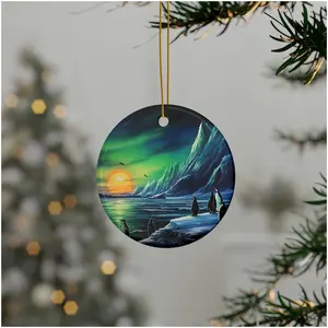 Ceramic Penguins Watching Northern Lights Christmas Ornament - Circle/ Star/Heart/ Oval Shapes