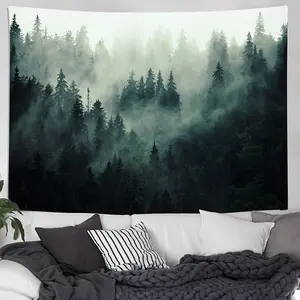 1pc Misty Forest Tapestry - Nature Foggy Tree Polyester Backdrop, Wall Hanging for Living Room, Bedroom, Office - Tranquil Mountain Landscape with Pine Trees & Rolling Hills, Indoor Decor, Party Decor, Free Installation, Bedroom Decor |