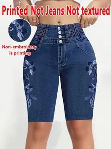 Women's Floral Embroidery Skinny Shorts, Non-Denim Fabric, Faux Denim Design, Comfortable & Stylish Bottoms for All Seasons, Slim