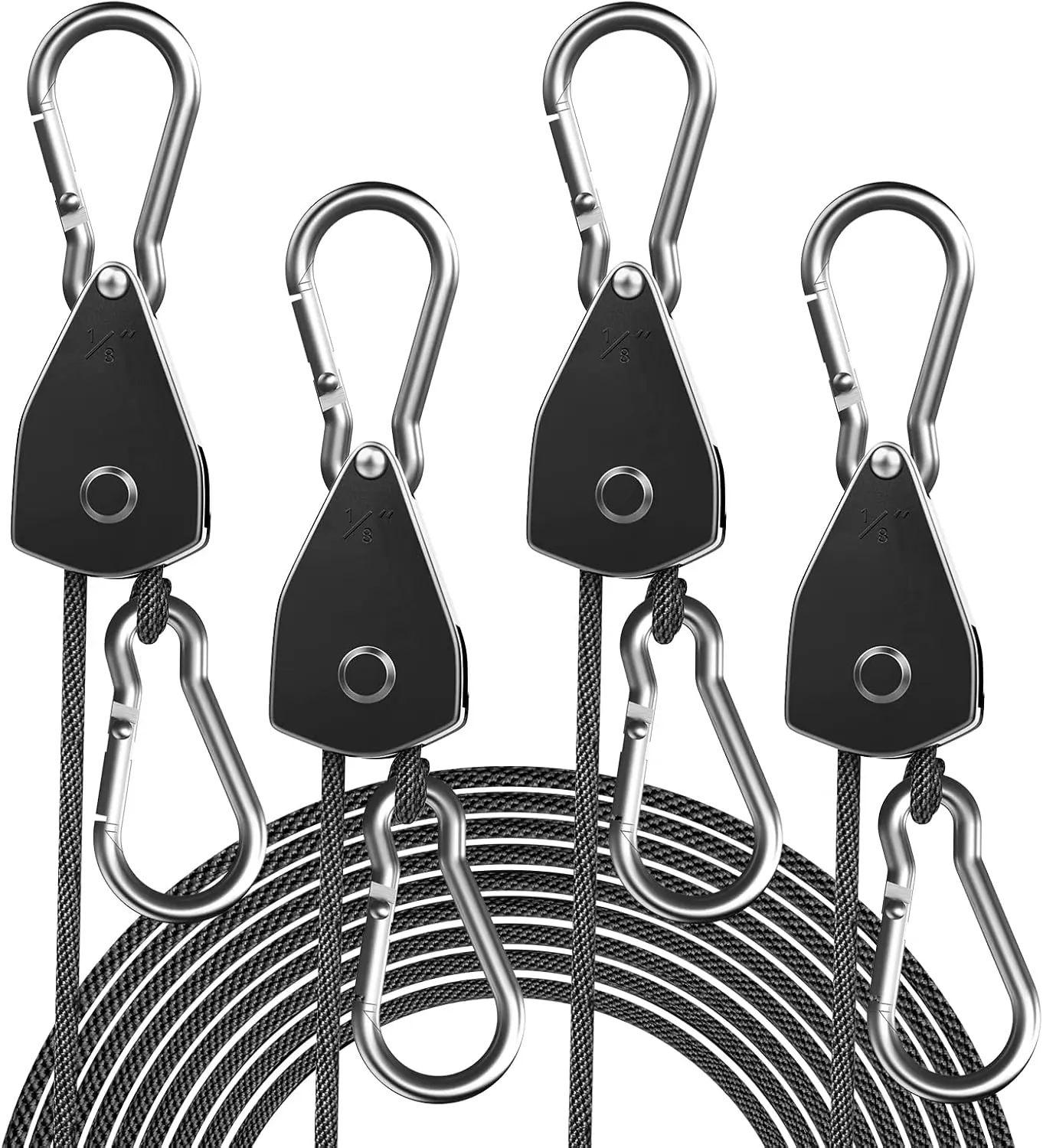 Adjustable Rope Hanger 4 Pack, Heavy Duty Ratchet Pulley System for Grow Lights, Hanging Plants, Kayak Tie Down Straps with Metal Gear