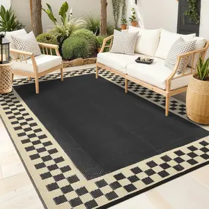Outdoor Rug 10x14 Waterproof Reversible Camping Carpet Modern Checkered Plastic Straw Carpet Foldable Lightweight Bordered Outdoor Rugs for Deck, Picnic, Porch, Camper, Balcony, Beach, Black