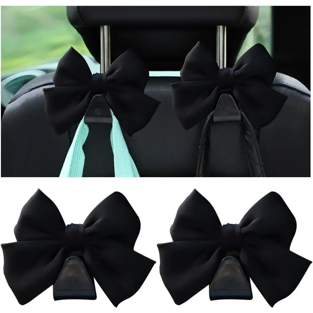 2 count  Seat Headrest Hooks, Cute Bow  Hooks for Purses and Bags, Automotive Purse Hook Hanger Interior Decoration Accessories, Universal for SUV, Sedan,  (Black Line)
